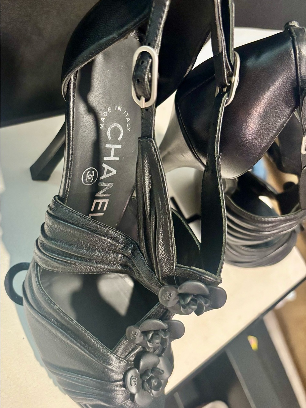 CHANEL Black Leather Camellia T-Strap Stiletto Heels